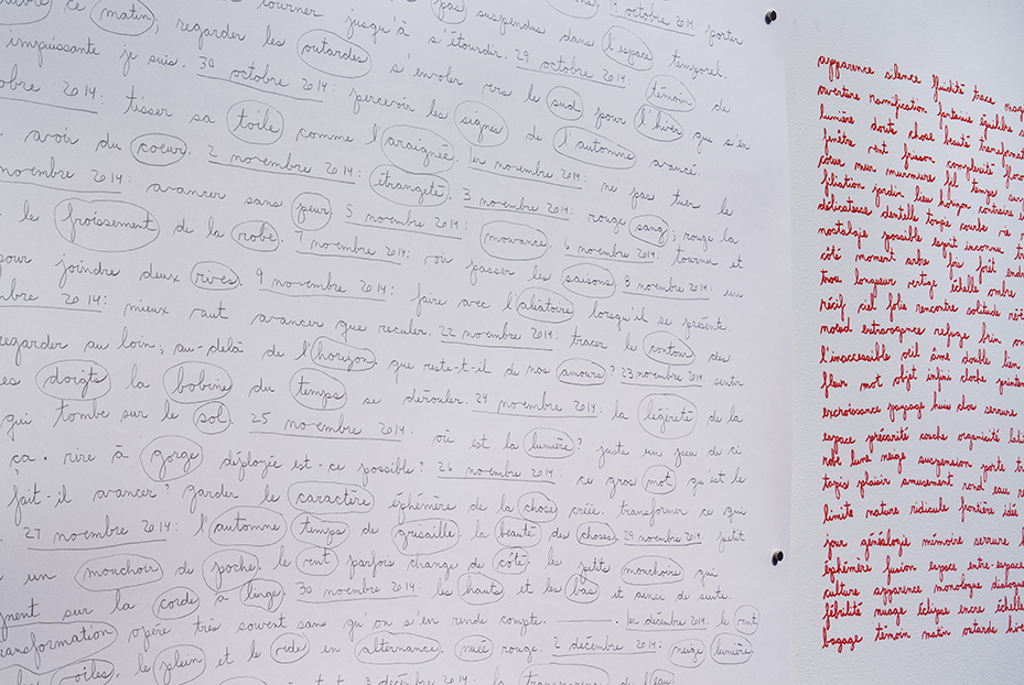 Nicole Panneton - Espace intime - Liste de phrases et mots (détail) - Projet Des mailles et des mots - 2015 - Crédit photographique Michel Dubreuil